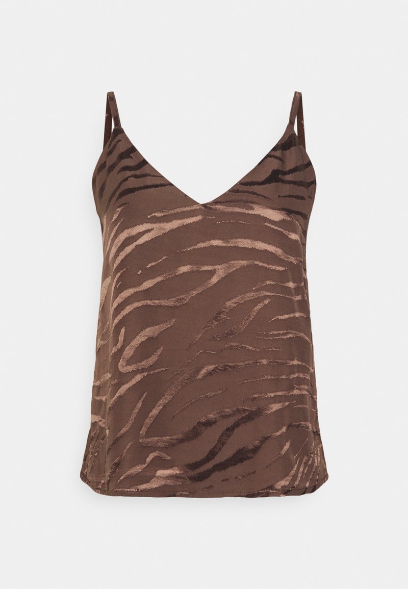Camisola de animal print castanha com decote em V, alças finas e uma textura suave com riscas mais escuras e um brilho subtil.
