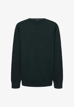 Pull long à manches longues de couleur vert foncé avec un col rond, des poignets et un ourlet côtelés, présenté sur un fond blanc.