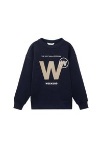 Felpa blu navy in cotone, con un logo circolare e testo in grassetto che recita "IL FINE SETTIMANA PIÙ MERITATO" sopra una grande 'W'.