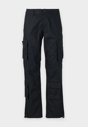 Black cargo pants with multiple side pockets, a button closure, and adjustable ankle hems. Made of sturdy fabric and features a straight design.