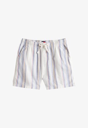 Buksene er laget av bomull med vertikale striper i blått, beige og rødt. De har elastisk midjebånd, snøring og sidelommer.