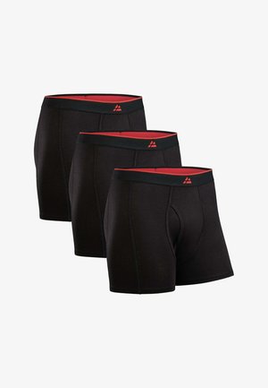 Boxer briefs neri, confezione da tre, con una fascia in vita bordata di rosso, texture liscia e vestibilità aderente. Apertura funzionale nella parte anteriore.