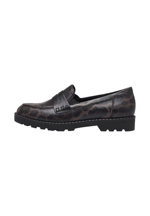 Sort og brun leopard-print læderloafer med chunky sort sål og en syet rem hen over toppen, sideudsigt.