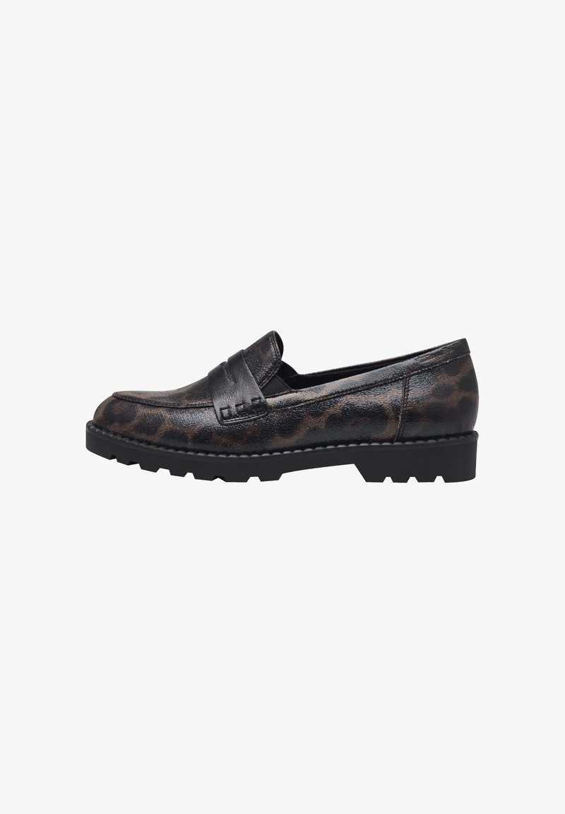 Mocassin en cuir imprimé léopard noir et marron avec une semelle noire épaisse et une bride cousue sur le dessus, vue de côté.