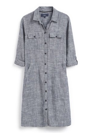 Long-sleeve gray button-up shirt dress with rolled cuffs, two chest flap pockets, and two side pockets, made of textured fabric.