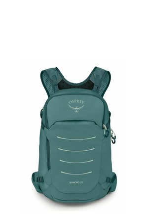Sac à dos Teal Osprey Syncro 20 avec bretelles rembourrées, poche avant zippée et lignes courbes réfléchissantes sur le panneau avant.