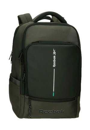 Dunkelgrüner und schwarzer Reebok-Rucksack mit mehreren Reißverschlussfächern und gepolsterten Schultergurten.