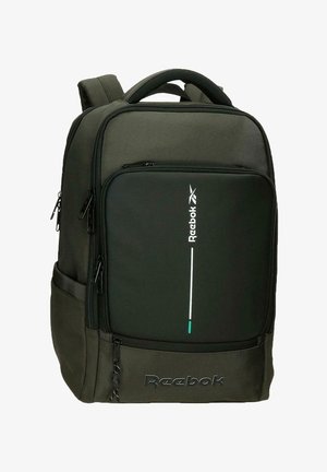 Zaino Reebok verde scuro e nero con più scomparti con cerniera e spallacci imbottiti.