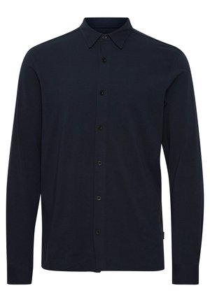 Long-sleeve dark navy blue button-up shirt with collar, featuring six black buttons down the front.