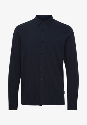 Long-sleeve dark navy blue button-up shirt with collar, featuring six black buttons down the front.