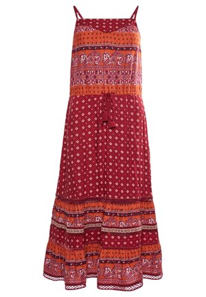 Abito maxi senza maniche rosso e arancione con spalline sottili, motivi floreali e paisley e nastro con nappine in vita.