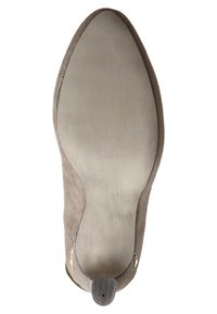 Beige suede ankle boot with a pointed toe, smooth sole, and thin gold accent at the heel contour. Soft texture with a matte finish.