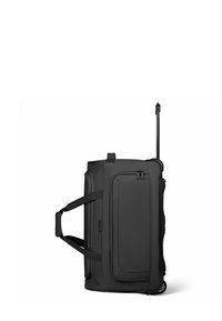 Borsa da viaggio nera con ruote, realizzata in materiale tessile, dotata di manici resistenti, manico telescopico e scomparto con zip sul lato per ulteriore spazio di stivaggio.
