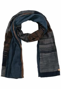 Écharpe multicolore avec des tons bleu, marron et gris. Tissu texturé avec des motifs rayés et à carreaux. Design doux et léger.