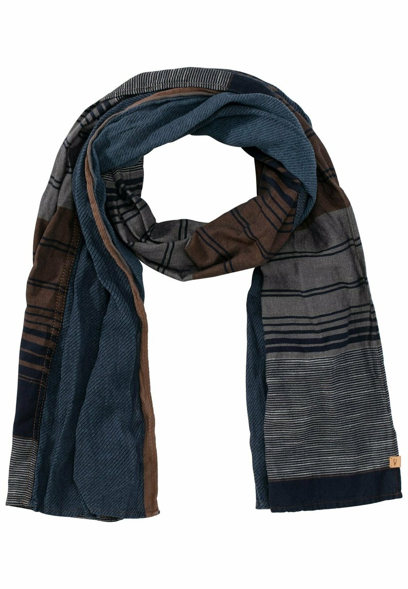 Écharpe multicolore avec des tons bleu, marron et gris. Tissu texturé avec des motifs rayés et à carreaux. Design doux et léger.