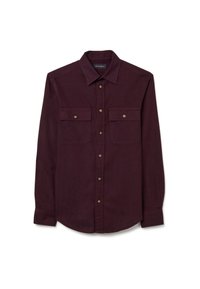 Bordeauxrotes Langarmhemd aus weichem Stoff, mit einem Button-Down-Kragen, zwei Brusttaschen und runden Knöpfen.