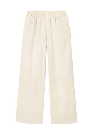 Beige Hosen mit weitem Bein, elastischem Bund, Seitentaschen und entspannter Passform, geeignet für legere Freizeitkleidung.
