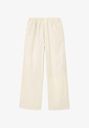 Beżowe spodnie o szerokich nogawkach z elastycznym paskiem w talii, bocznymi kieszeniami oraz luźnym krojem, odpowiednie do codziennego noszenia.