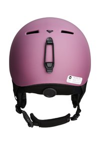 Pink matte ski helmet with adjustable chin strap, ventilation slots, and a size dial on the rear. Features brand logo and safety certifications.