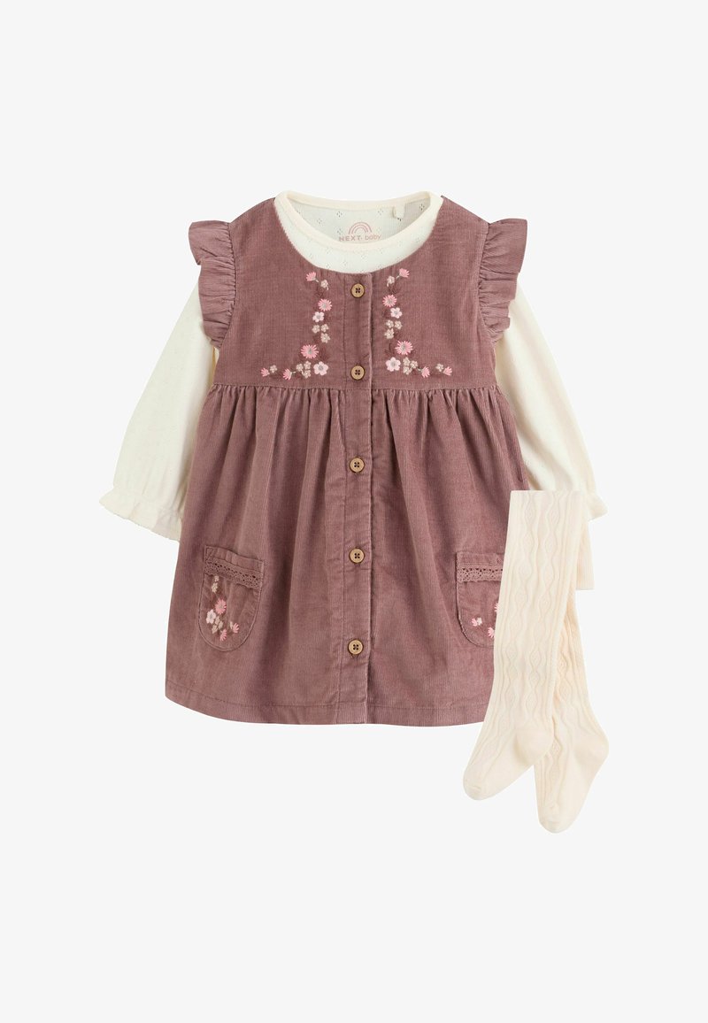 Mauve corduroy dress with front buttons and floral embroidery, paired with long-sleeve cream top and cream textured tights.