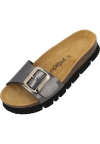 Gray leather slide sandal with a large metallic buckle, cork footbed, and textured black rubber outsole. Comfort-focused design.