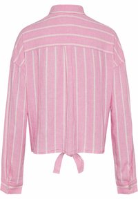 Pink striped button-up shirt, featuring long sleeves, a collar, and a tied back detail with white horizontal stripes. Made from lightweight fabric.