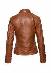 Smeđa kožna jakna s prošivenim detaljima, prikazana s leđa s dugim rukavima i kratkim stojećim ovratnikom.