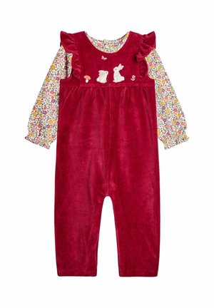 Roter Corduroy-Kinder-Overall mit Rüschenschultern, darunter ein blumiges Langarmshirt sowie bestickte Details von Kaninchen, Pilzen, Blumen und Schmetterlingen.