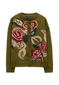 Sweter kardigan w oliwkowym kolorze z wzorem kwiatowym, w tym czerwone, różowe i niebieskie róże. Żebrowany kołnierz i mankiety, zapięcie na sześć brązowych guzików.