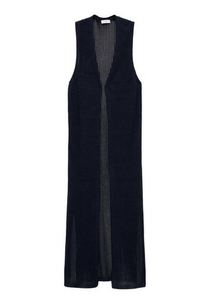 Cardigan lungo senza maniche in maglia, blu navy, con apertura frontale e motivo testurizzato, scende sotto il ginocchio, design leggero e arioso.