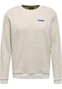 Lichtgrijze sweatshirt gemaakt van textuurstof. Heeft een ronde hals, lange mouwen en een blauw logo op de borst. Ribgebreide manchetten en zoom.
