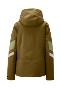 Braune isolierte Jacke mit Kapuze, die grüne, rosa und dunkelblaue Akzente an den Ärmeln und ein Chevron-Muster über den Rücken aufweist.