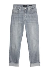 Lichtgrijze denim jeans met een rechte snit, voorzien van een klassiek vijf-pocket ontwerp, knoopsluiting en opgerolde boorden bij de enkels.