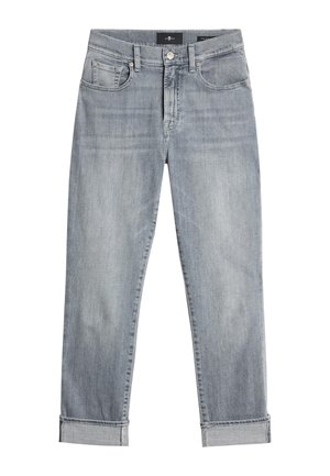 Lichtgrijze denim jeans met een rechte snit, voorzien van een klassiek vijf-pocket ontwerp, knoopsluiting en opgerolde boorden bij de enkels.
