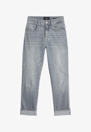 Lys grå denimjeans med lige snit, der har et klassisk fem-lomme design, knaplukning og oprullede manchetter ved anklerne.