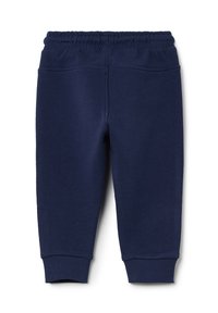 Marineblauwe joggingsbroek van zachte stof, met een elastische tailleband, geribbelde boorden en een eenvoudige, gladde textuur.