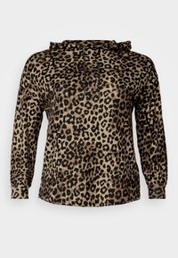 Felpa con stampa leopardata realizzata in tessuto morbido, caratterizzata da un cordino, maniche lunghe e un orlo arrotondato con motivi neri e marroni.