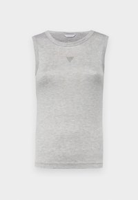Top grigio senza maniche realizzato in tessuto morbido, con scollatura a girocollo e un piccolo ornamento triangolare sul petto.