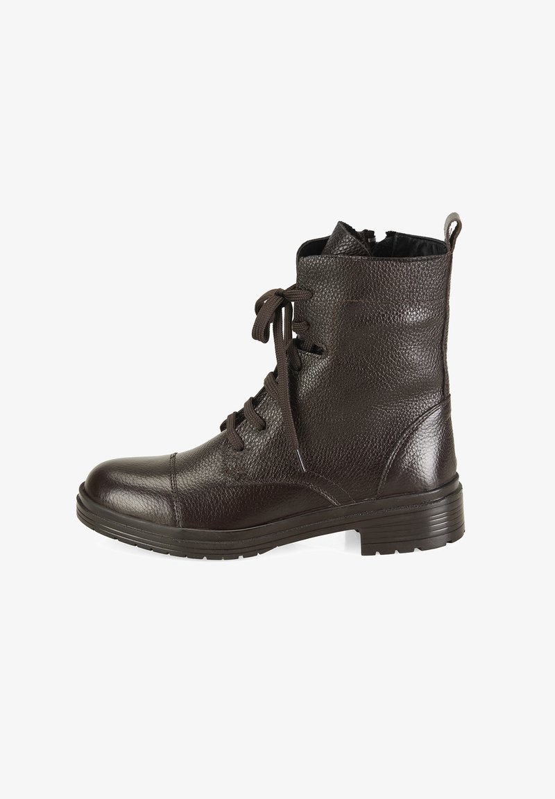 Braune Leder-Ankle-Boots mit strukturierter Oberfläche, runder Zehenform, Schnürung auf der Vorderseite und robustem Gummisohle. Mit einer Zuglasche an der Hinterseite.