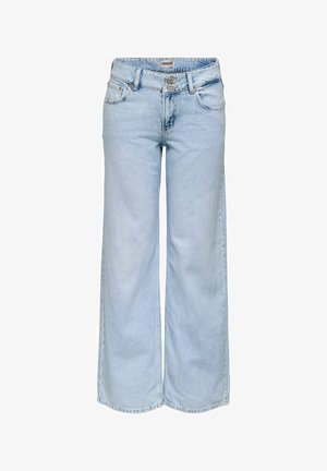 Jean large bleu clair avec fermeture à double bouton, passants pour ceinture, poches avant et arrière, et un léger effet délavé.