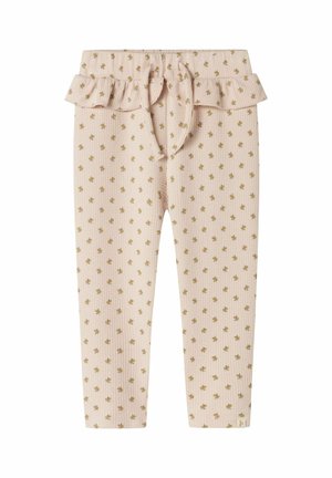 Leggings para niño pequeño en rosa claro con pequeño estampado floral, detalle de volante en la cintura y lazo delantero.