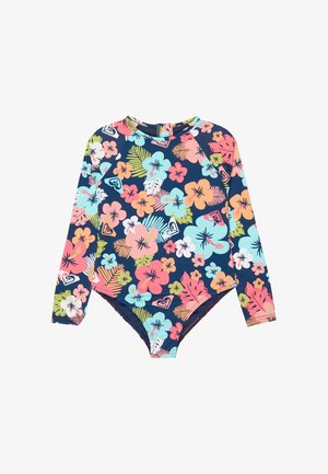 Maillot de bain bleu marine à manches longues avec des motifs floraux tropicaux colorés et des feuilles en rose, orange, bleu, vert et blanc.