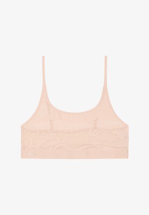 Hellrosa Spitzen-Bralette mit dünnen Schulterriemen und einem breiten elastischen Band mit dem Lacoste-Logo und dem Krokodil-Emblem.