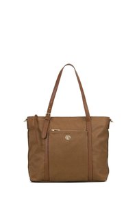 Borsa a tracolla marrone con superficie texturizzata, due manici, una tasca con zip frontale e un accento in oro con logo.