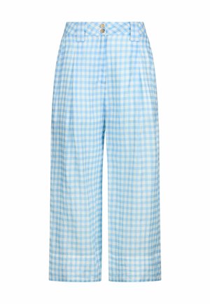 Pantaloni a gamba larga a quadretti azzurri e bianchi con vita alta, pieghe frontali, passanti per cintura e due bottoni in vita.