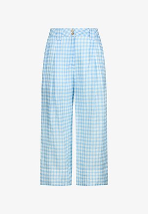 Pantaloni a gamba larga a quadretti azzurri e bianchi con vita alta, pieghe frontali, passanti per cintura e due bottoni in vita.