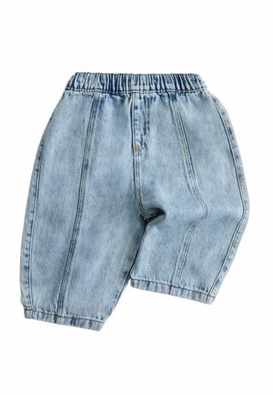 Lyseblå denimshorts med elastisk taljebånd, lodrette sømdetaljer og løstsiddende ben.