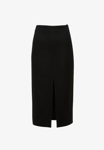 Fustă creion neagră cu un design de lungime medie, cu o crăpătură frontală, textură fină și talie structurată pentru un aspect bine croșetat.