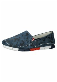 Blauwe instapschoenen met zwarte vogelpatronen, contrasterende witte, rode en marineblauwe zool. Beschikt over gestikte details langs de rand.
