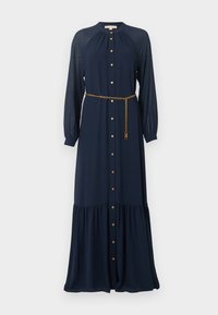 Robe maxi bleu marine à manches longues avec col boutonné, ourlet froncé et ceinture chaîne dorée à la taille.